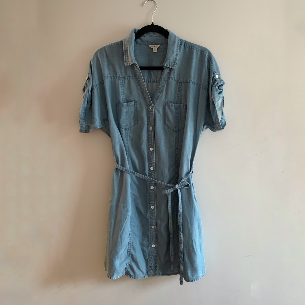 Guess soft denim button up dress with tie waist